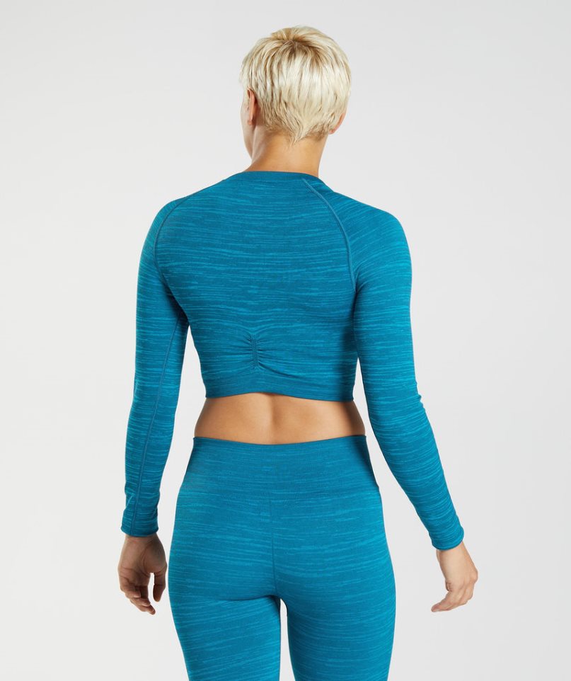 Women's Gymshark Adapt Marl Seamless Long Sleeve Cropped Tops Turquoise | NZ 0XDEFB